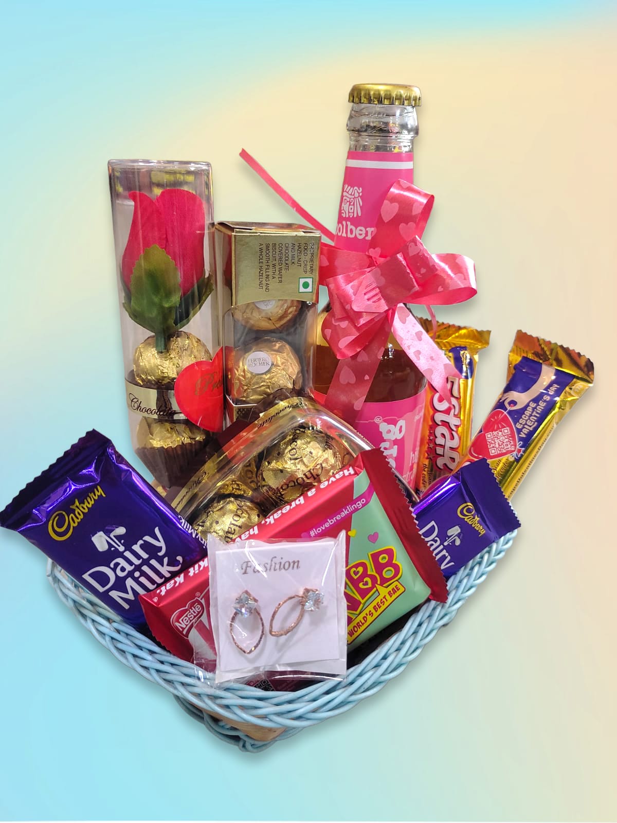 Make You Feel My Love Valentine Hamper with Coolberg , Red Rose  Chocolate and lovely Rose Gold Stone Earrings